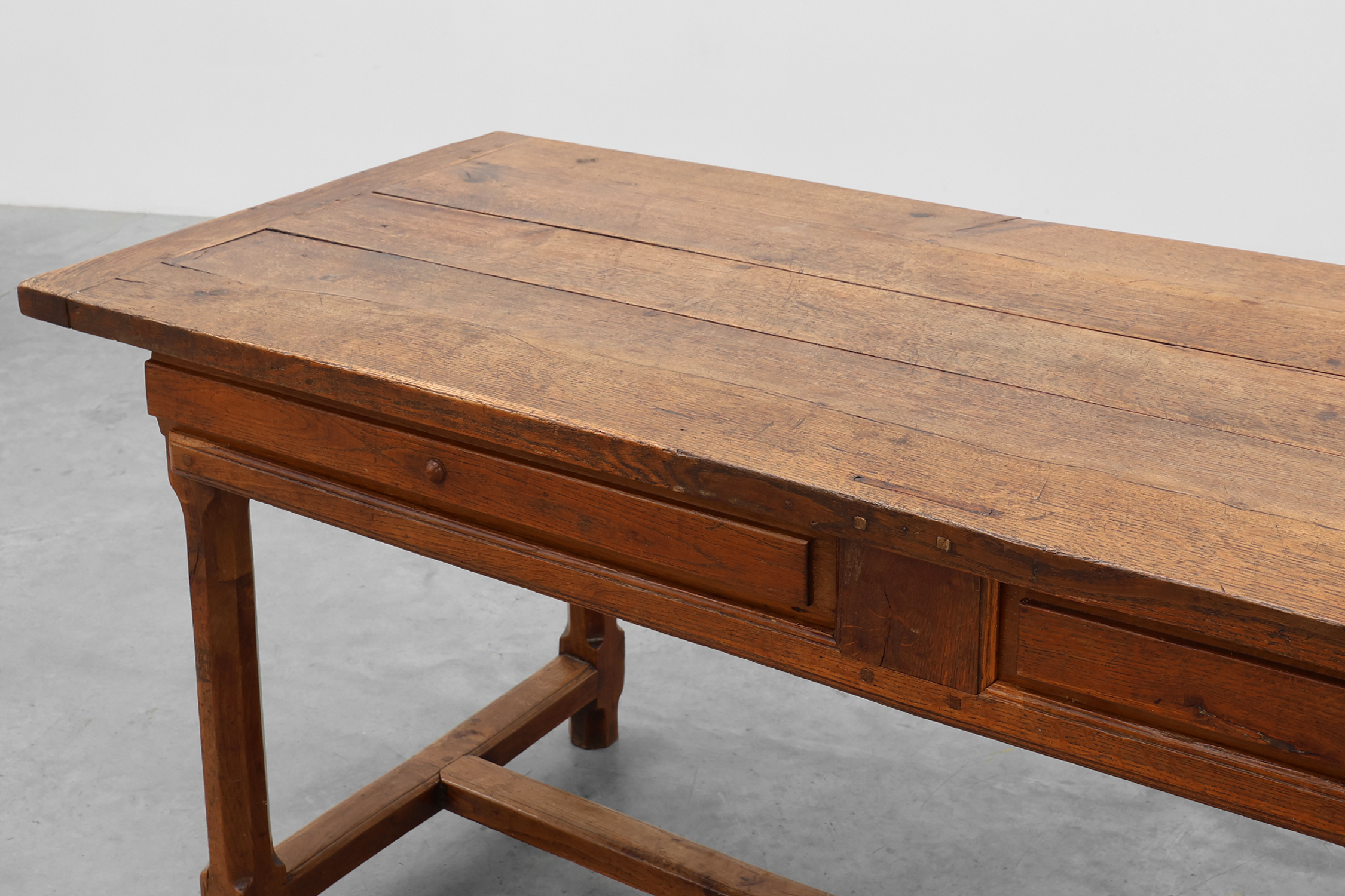 Rustic 19th century oak dinner table with drawers that open laterally, France ca. 1930thumbnail